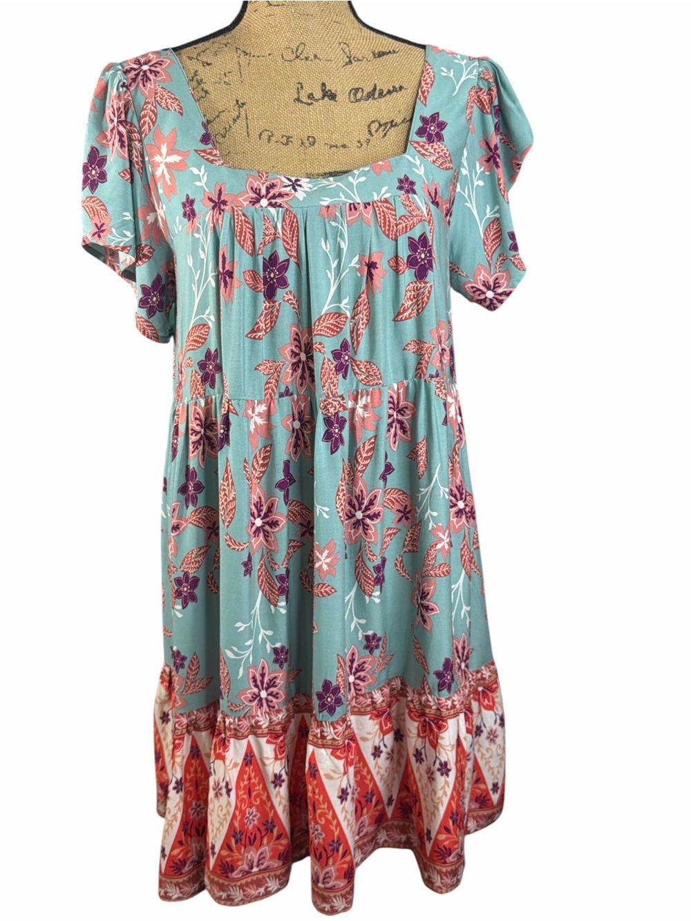 Umgee Boho Floral Square Neck Boho Swing Dress - Teal & Coral. NWT. Size small